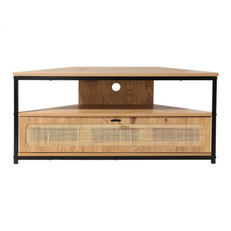 Calicosy – Meuble TV d'angle 1 porte en rotin naturel – Longueur 100 cm – Pieds en métal noir – Design moderne et élégant
