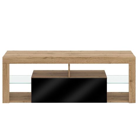 Calicosy – Meuble TV contemporain chêne et noir 140x35x50 cm – Corps mat et façade brillante – Installation au sol ou suspendue - cm-Multicouleur-Multicouleur-140