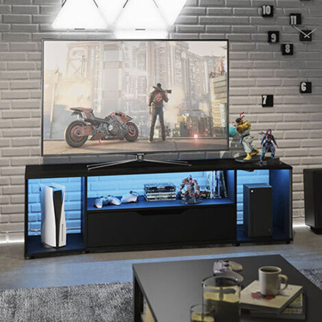 Calicosy – Meuble TV gamer noir mat avec rangement spacieux – Éclairage LED bleu – Dimensions 163x45x48 cm – Panneau de particules agglomérées