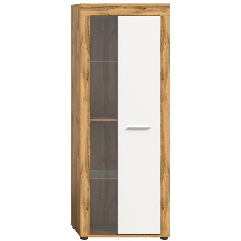 Calicosy - Meuble vitrine 1 porte vitrée blanc et chêne wotan H159 cm - aosta