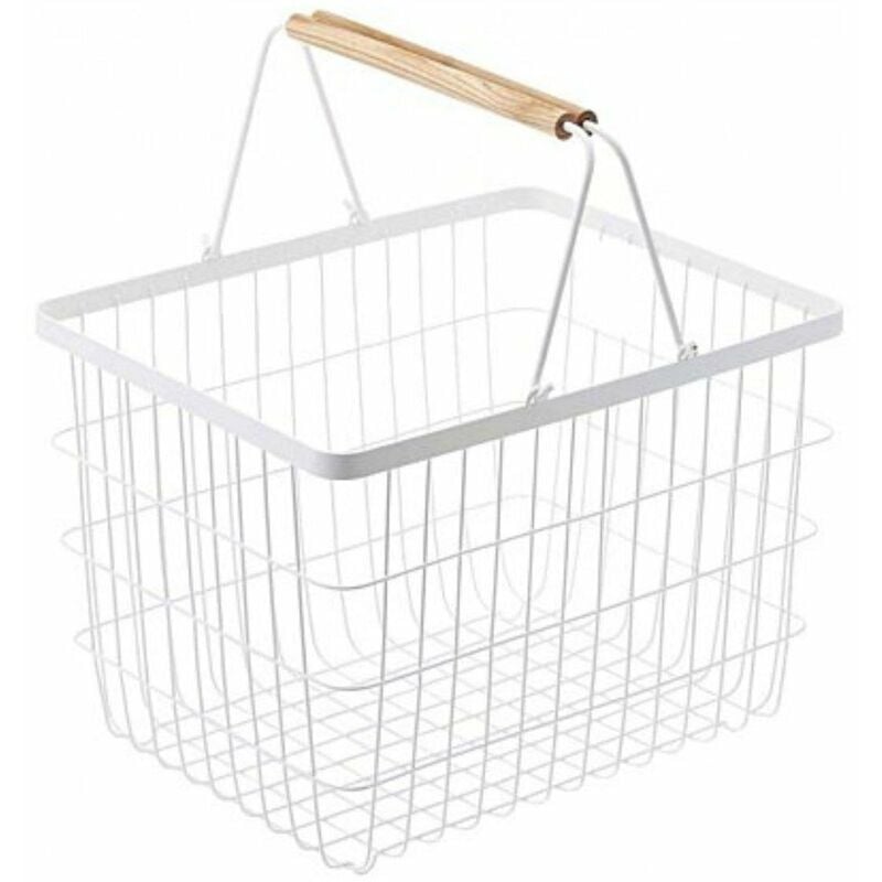 Panier à linge métal blanc avec anses en bois H38.5cm - Blanc - Calicosy