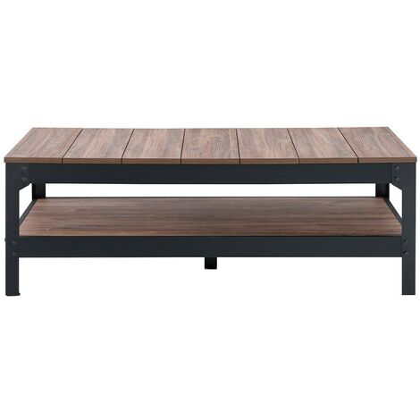 Calicosy – Table basse fixe métal noir et bois 117cm – Structure métallique laquée – Finition ton bois papier – Style industriel moderne