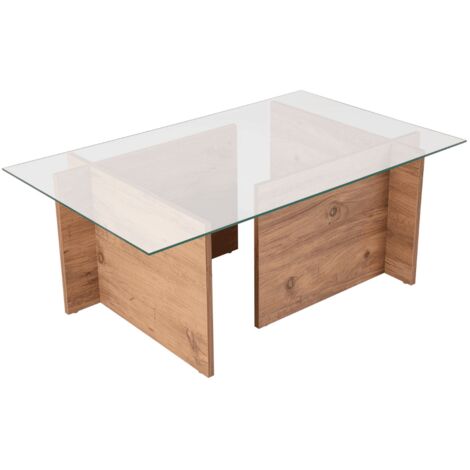 Calicosy – Table basse fixe rectangulaire en pin atlantique 105x65x40 cm – Verre trempé 100 % – Design épuré pour salon ou bureau