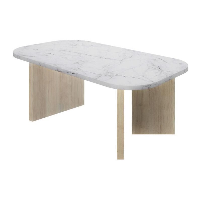 Table basse ovale - QUARTZ - Blanc effet marbre - Pieds épais en chene - 105 x 58 x 39 cm - DIAGONE