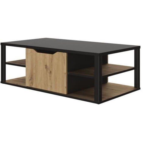 Calicosy – Table basse rectangulaire chêne artisan/noir – Rangement central avec porte – Dimensions 120x60x40cm – Pour grands salons modernes
