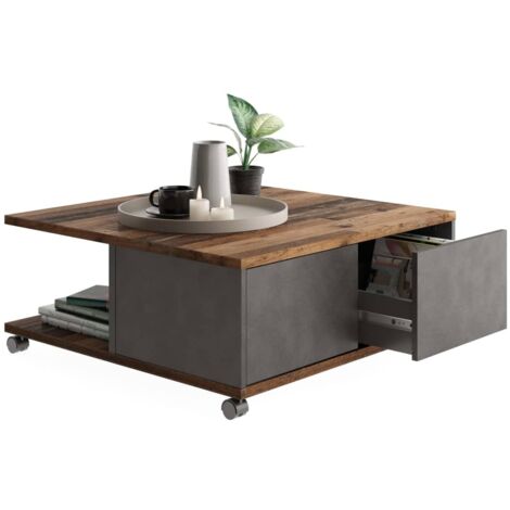 CALICOSY - Table Basse sur Roulettes 2 Tiroirs 2 Niches L70 cm - Twin