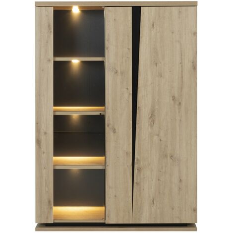 Calicosy – Vaisselier 2 portes 120x45x170 cm chêne artisan – Éclairage LED en option – Portes avec amortisseurs à la fermeture – Fabrication française