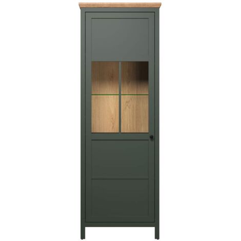 Calicosy – Vaisselier avec éclairage LED – 1 porte en verre trempé – Dimensions H198 cm x L69 cm x P39 cm – Panneaux mélaminés vert et chêne