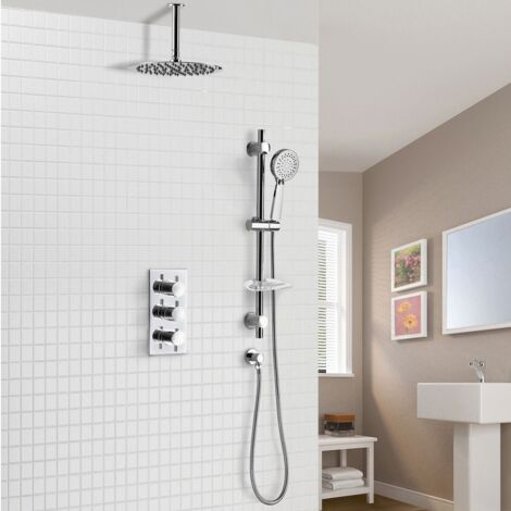 Calla 2 Way Slim Round Ceiling Thermostatic Concealed Bathroom Shower Rail Head