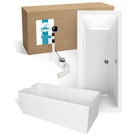 Calmwaters® Badewanne Komplettset 170x75 cm Modern Select, Acryl-Badewanne mit Wannenträger und Excenter-Ablaufgarnitur, Körperformbadewanne für Zwei, Rechteckbadewanne 170 x 75, Weiß, 99000157