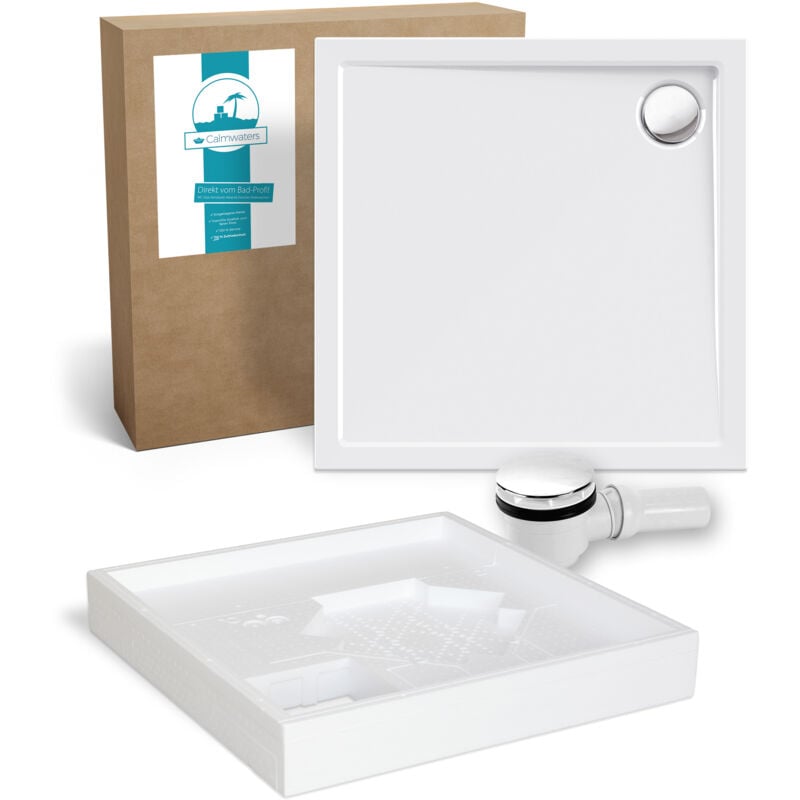 Calmwaters® Duschwannen-Set Modern Select, Flache Acryl-Brausewanne mit Wannenträger und Excenter-Ablaufgarnitur, 80 x 80 x 2,5 cm, Komplettset
