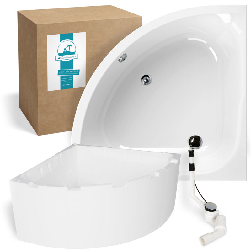 Calmwaters® Eckbadewanne Komplettset 120x120 cm mit Wannenträger & Ablaufgarnitur, Acrylwanne Modern Small 2, Duo-Badewanne für 2, Set Badewanne