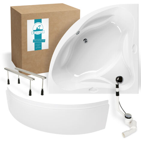 Calmwaters® Eckbadewanne Komplettset 140x140 cm mit Schürze, Wannenfüßen & Ablaufgarnitur, Acrylwanne Original, Duowanne für 2, Set Badewanne komplett, Duo-Badewanne 140 x 140 cm, Weiß, 99000090