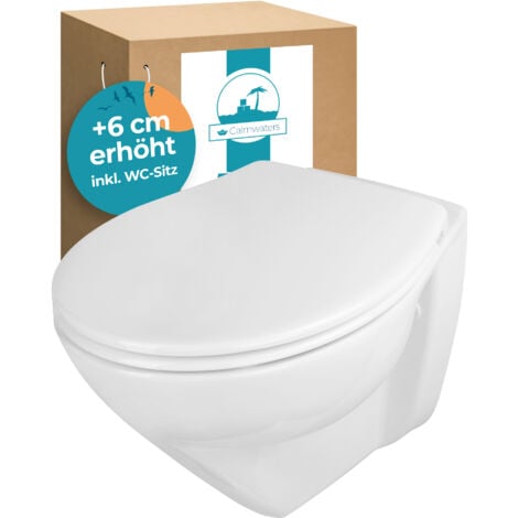 Calmwaters® Erhöhtes Wand WC spülrandlos Modern Plus mit Toilettendeckel, +6 cm Erhöhung, erhöhte Toilette inkl. abnehmbarem WC Sitz mit Absenkautomatik und Fast-Fix, Komfort Tiefspüler, Weiß