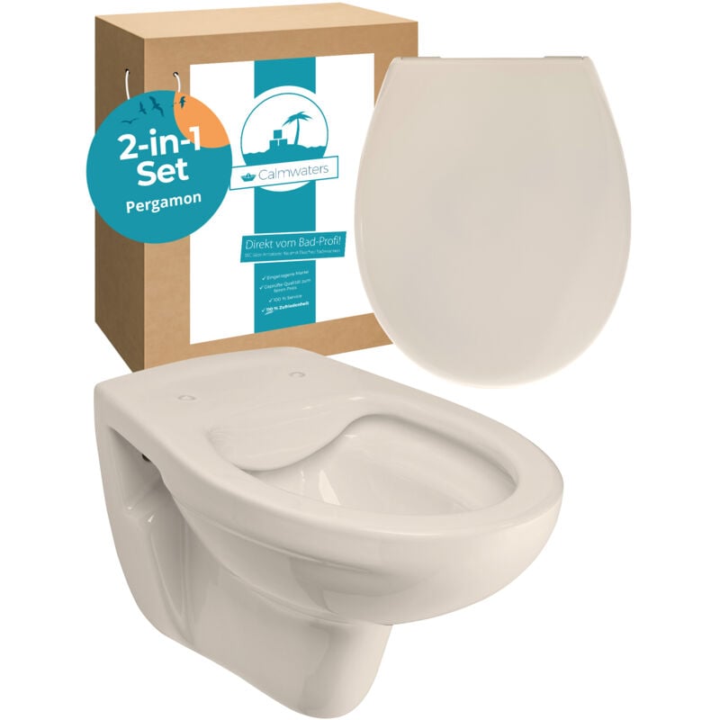 Calmwaters® Spülrandloses Hänge WC als Tiefspül WC im Komplett-Set mit Toilettendeckel mit Absenkautomatik in Pergamon Take-Off, 99000192