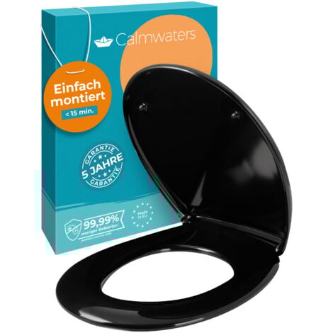 Calmwaters® Premium WC Sitz einfache Montage, Toilettendeckel bis 250 kg, Made in EU, antibakterieller Duroplast, doppelte Absenkautomatik, 2 Montage Optionen, abnehmbar, Klobrille, oval, Schwarz