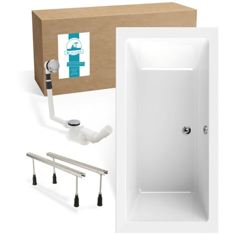 Calmwaters® Rechteck Badewannen-Set 190x90 cm mit Wannenfüßen & Ablaufgarnitur, Acrylwanne Modern Square 2, Körperformwanne, Set Badewanne komplett, 190 x 90 cm, Weiß, 99000308
