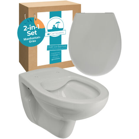 Calmwaters® Spülrandloses Wand WC im Set in Manhattan-Grau, Tiefspüler mit WC Sitz aus Urea-Duroplast mit Absenkautomatik, 99000191