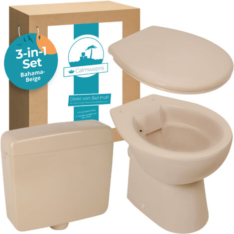 Calmwaters® Stand-WC mit waagerechtem Abgang im Komplettset mit Spülkasten und WC-Sitz in Bahamabeige-Beige - 99000181