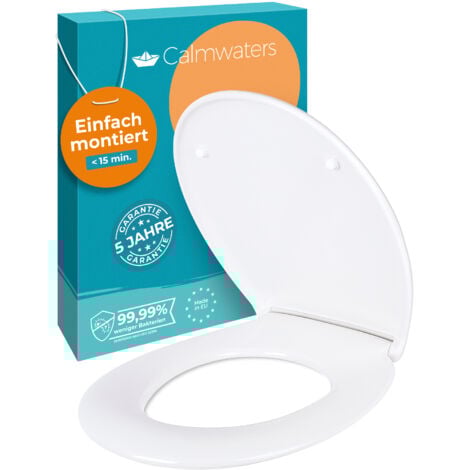 Calmwaters® Toilettendeckel mit Absenkautomatik, WC Sitz einfache Montage, bis 250 kg, Made in EU, aus antibakteriellem Duroplast, 2 Befestigungsarten, abnehmbar, Klobrille oval, Klodeckel Weiß