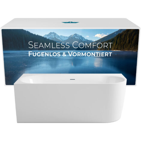 Calmwaters Vorwand-Badewanne 160x75 cm Komplettset Seamless Comfort, fugenloses Design vormontiert mit Schürze & Ablaufgarnitur, rechte Ausführung, Made in EU, Acryl, 02SL6223