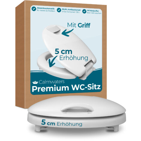 Calmwaters WC-Sitz erhöht, + 5 cm Erhöhung, stabiler Griff, Absenkautomatik, Made in EU, antibakteriell, universal, oval, Duroplast, Toilettensitz
