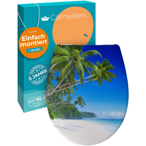 Calmwaters® WC Sitz Motiv Palmenparadies einfache Montage, Toilettendeckel bis 250 kg, Made in EU, antibakterieller Duroplast, Absenkautomatik, 2 Montage Optionen, abnehmbar, Klobrille, oval