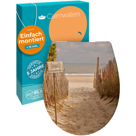 Calmwaters® WC Sitz Motiv Sandstrand einfache Montage, Toilettendeckel bis 250 kg, Made in EU, antibakterieller Duroplast, Absenkautomatik, 2 Montage Optionen, abnehmbar, Klobrille, oval