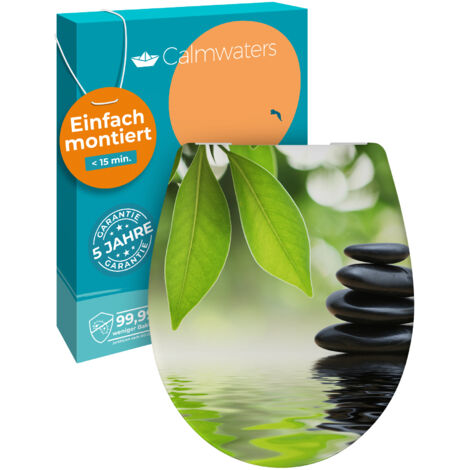 Calmwaters® WC Sitz Motiv Wellness Oase einfache Montage, Toilettendeckel bis 250 kg, Made in EU, antibakterieller Duroplast, Absenkautomatik, 2 Montage Optionen, abnehmbar, Klobrille, oval