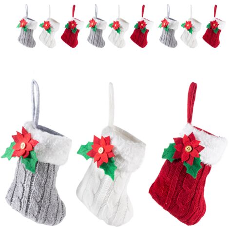 Calze della Befana natalizie in maglia con fiore decorativo e bordo soffice set 9 pezzi 3 colori 11x16 cm