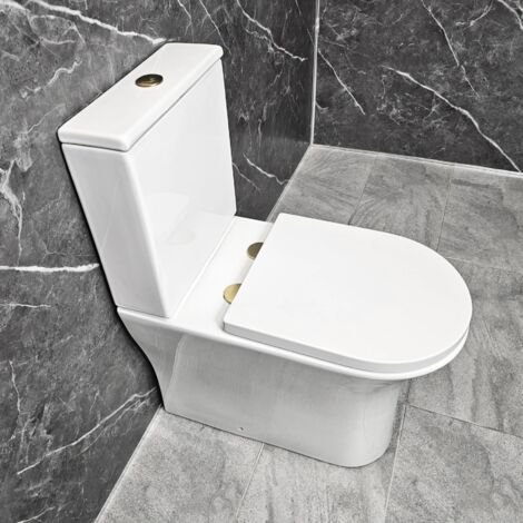 Cam Comfort Height Toilet Rimless with Brass Flush Button & Hinges Closed Back