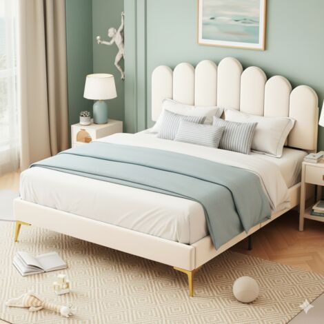 Cama 140 x 200 cm - Cama doble tapizada - Estructura de cama con cabecero ajustable y somier de láminas - Terciopelo - Beige