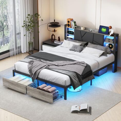 Cama 140 x 200 cm - Cama flotante LED RGB - Cabecero con espacio de almacenamiento, estación de carga USB y 2 cajones - Estructura de metal - Madera