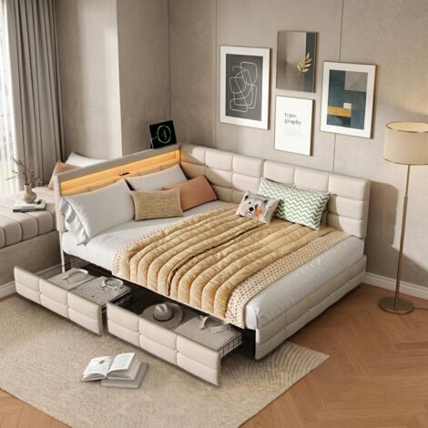 Cama 140x190, Cama 140x190 con cajones, Cama para adultos, Cama matrimoniales, Cama tapizada, Cama de invitados, con somier de láminas, iluminación LED y puertos USB, Tela de lino, Beige