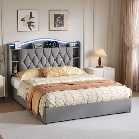 Cama 140x190 cm, Cama con almacenamiento 140x190 cm, Estructura de cama doble 140x190 cm, LED, Cama para 2 personas, Somier incluido, Tela de terciopelo, Gris
