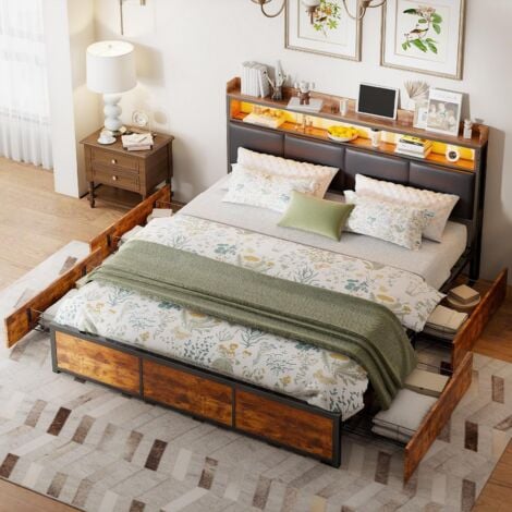 FORTUNA LAI Cama 140x190 cm con somier de madera maciza, cama para adulto con almacenamiento, con 4 cajones, iluminación LED, cabecero abierto, estilo vintage, PU - Marrón