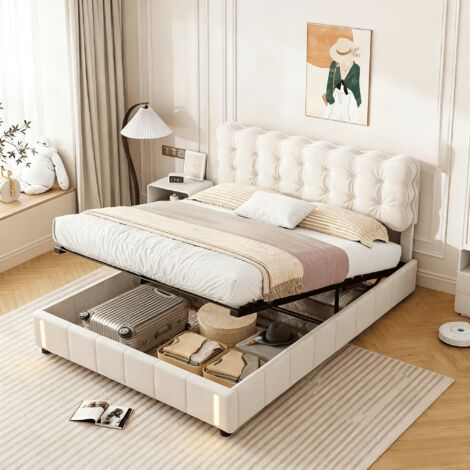 Cama 140x190 con almacenamiento, cama matrimoniales 140x190, cama para adultos, cama doble, cama tapizada, somier de láminas, pie de cama con iluminación LED, terciopelo, beige