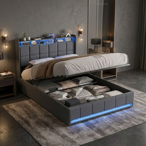 Cama 140x190 con almacenamiento, cama matrimoniales 140x190, cama para adultos, cama tapizada, con somier de láminas, con iluminación LED, carga USB/Tipo C, cabecero con almacenamiento, lino, gris