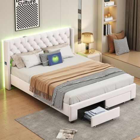 Cama 140x190cm - Cabecera LED - 2 Cajones - Terciopelo Beige - Diseño Escandinavo