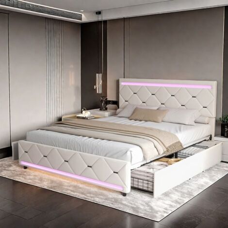 Cama 140x200 cm, Cama doble 140x200 cm con LED y 4 cajones, Puerto USB, Somier de lamas, Estilo moderno, Tejido de terciopelo, Beige