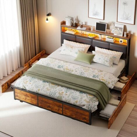 Cama 140x200 cm - Cofre con Iluminación LED - 4 Cajones - Metal Negro - Estilo Moderno Industrial