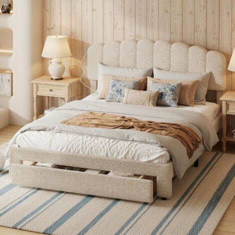 Cama 160 x 200 cm - Estructura de cama doble 160 - con cajón y puertos USB/Tipo C - Cabecero ajustable - Tejido de felpa Teddy Beige