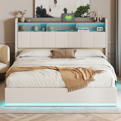 Cama 160 x 200 cm - LED y USB - Terciopelo blanco - Hidráulica - Estructura de cama doble 160 x 200 cm - Somier