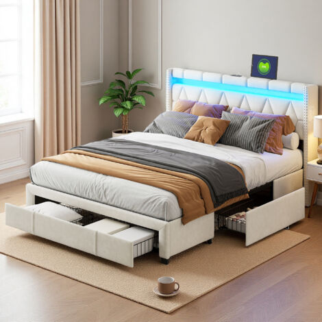 Cama 160 x 200 cm - tejido de lino - 4 cajones - LED - estructura de cama doble 160 x 200 cm - Beige