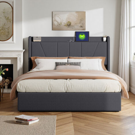 Cama 160 x 200 cm - tejido de lino - USB - somier de láminas - cama doble 160 x 200 cm - gris