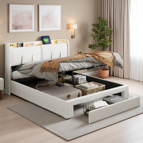 Cama 160 x 200 cm - tejido de terciopelo - LED y USB - almacenamiento - estructura de cama para adultos 160 x 200 cm - Beige