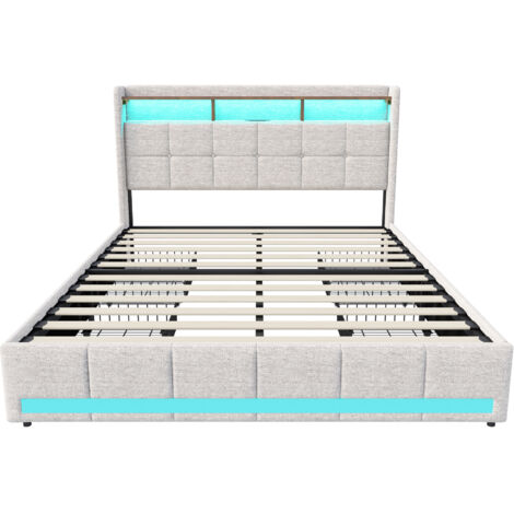 Cama 160 x 200 cm y somier - Estructura de cama 140 x 200 cm con 4 cajones - cabecero con espacio de almacenamiento - LED + tipo C + USB - lino - Beige