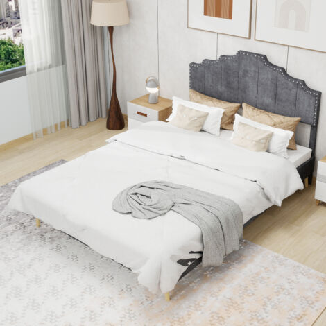 Cama 160x200 - Cama adulto 160x200, cabecero geométrico con tachuelas, tejido de lana holandesa, somier de láminas, gris claro