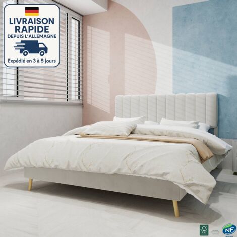 Cama 160x200 - Cama para adultos tapizada en tela - Revestimiento de lana holandesa - capitoné - Minimalista y elegante - Madera con certificación PEFC - Beige
