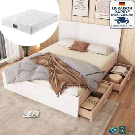 Cama 160x200 cm - Cama adulto 160x200 cm - Cama con cajones - Moderna - Incluye estructura de cama y somier - Colchón incluido - Madera certificada PEFC - Roble/Blanco